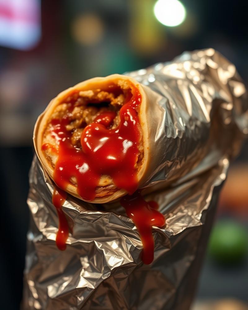 Foil-wrapped burrito with hot sauce