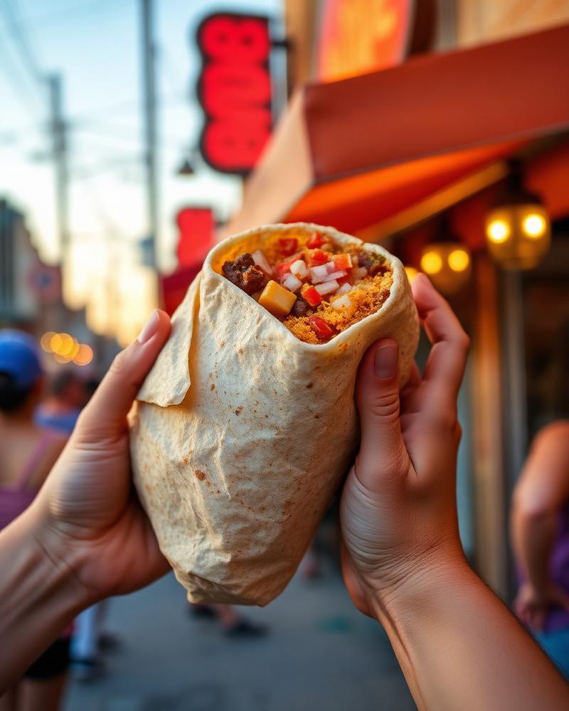 Hands holding street burrito