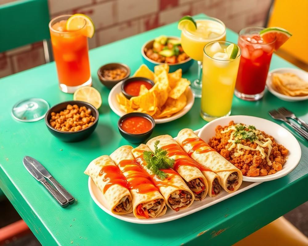 Tex-Mex spread with drinks