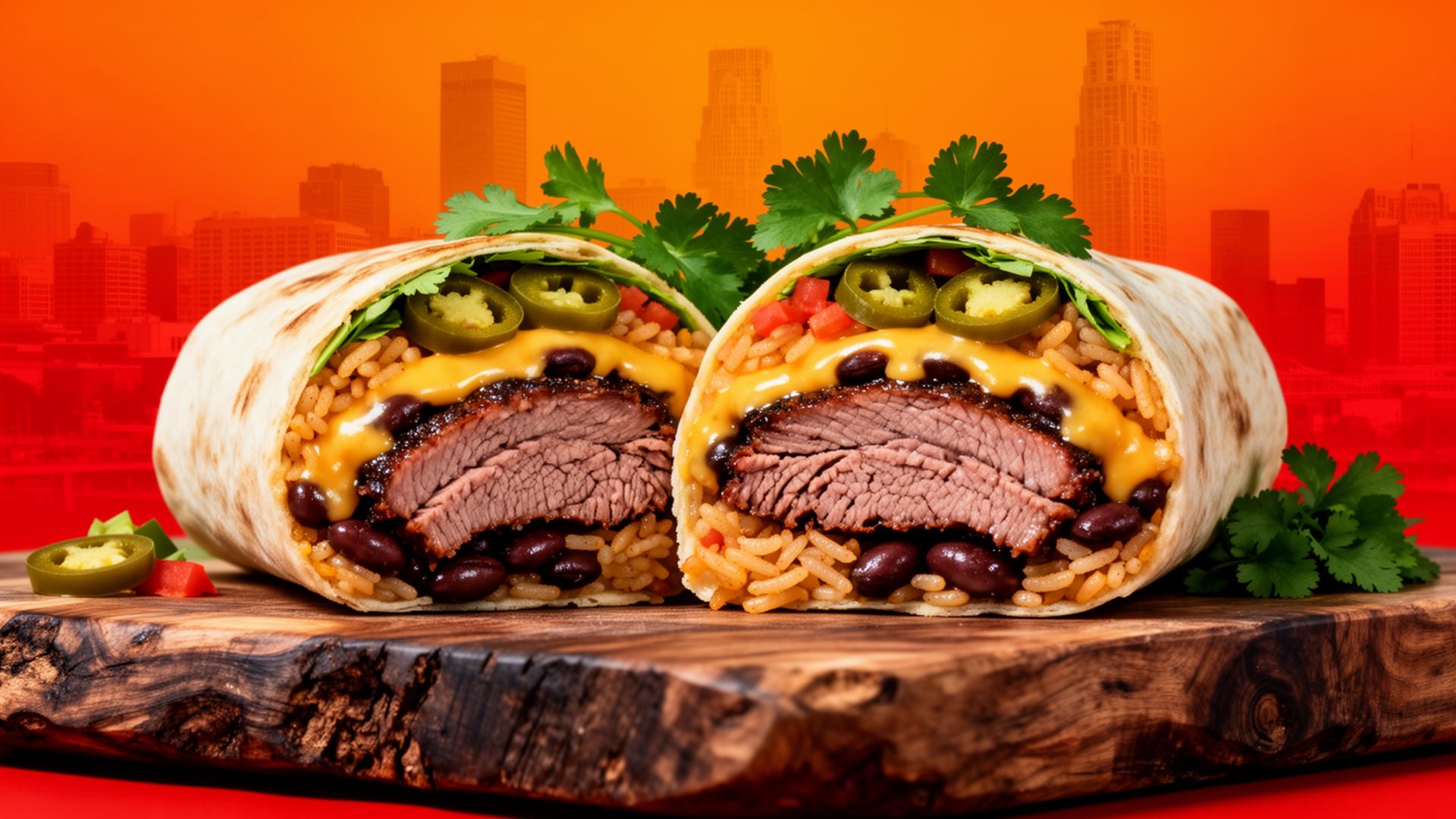 Massive Tex-Mex brisket burrito cut in half